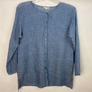 Eileen Fisher lightweight,airy linen tunic in nice coastal blue color.